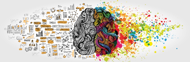 illustration of the brain with a colourful creative side and more logical side